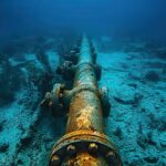 Vista submarina de una tubería metálica oxidada extendiéndose sobre el lecho marino, rodeada de corales y sedimentos oceánicos.