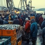 Trabajadores pesqueros en un muelle rodeados de cajas con peces, reflejo de los desafíos que enfrenta la industria pesquera por el cambio climático.