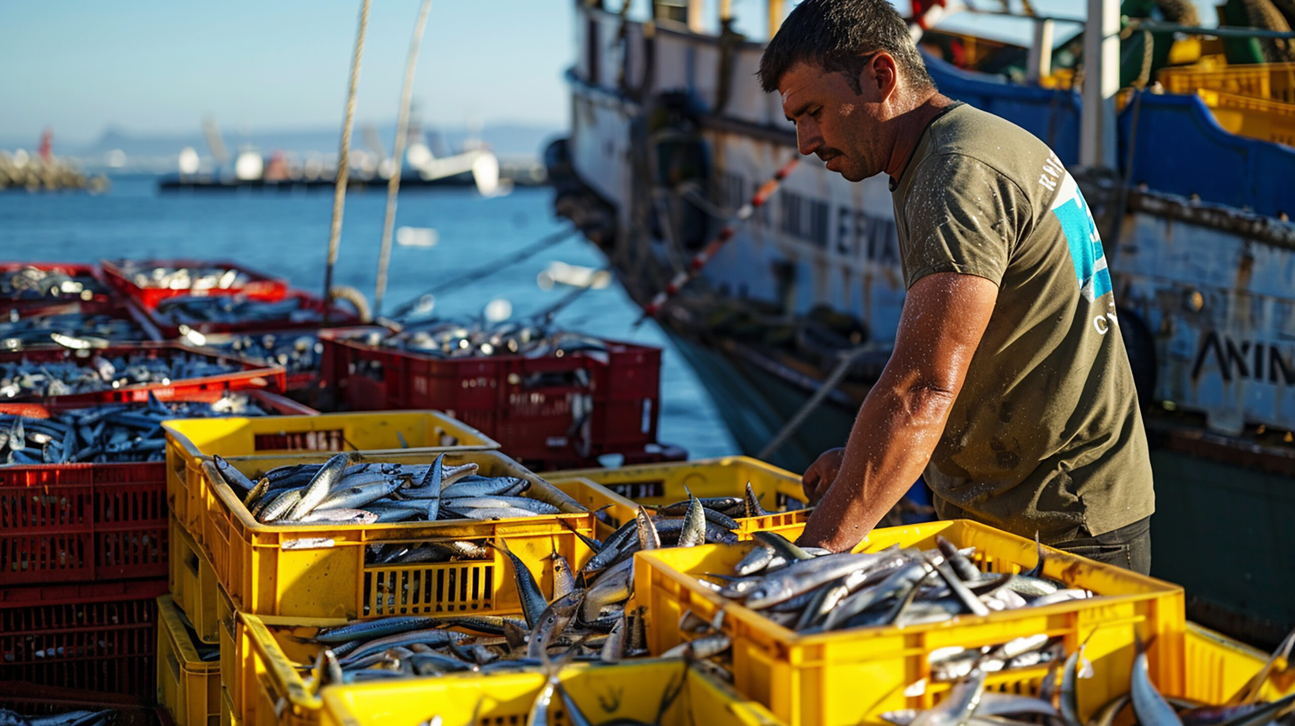 Hombre revisando cajas llenas de peces recién capturados sobre un muelle pesquero, con barcos al fondo y el mar de fondo.