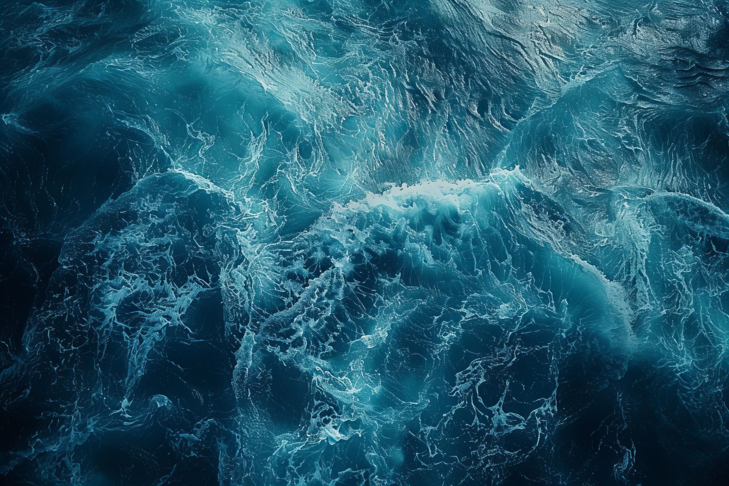 Vista aérea del océano con oleaje turbulento y remolinos de espuma blanca, simbolizando el dinamismo y la fuerza de la transformación geológica.