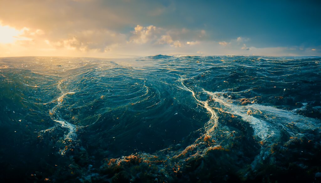 Vista abstracta de un océano en movimiento bajo una luz dorada al atardecer, simbolizando la fuerza y vulnerabilidad de los mares.