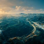 Vista abstracta de un océano en movimiento bajo una luz dorada al atardecer, simbolizando la fuerza y vulnerabilidad de los mares.