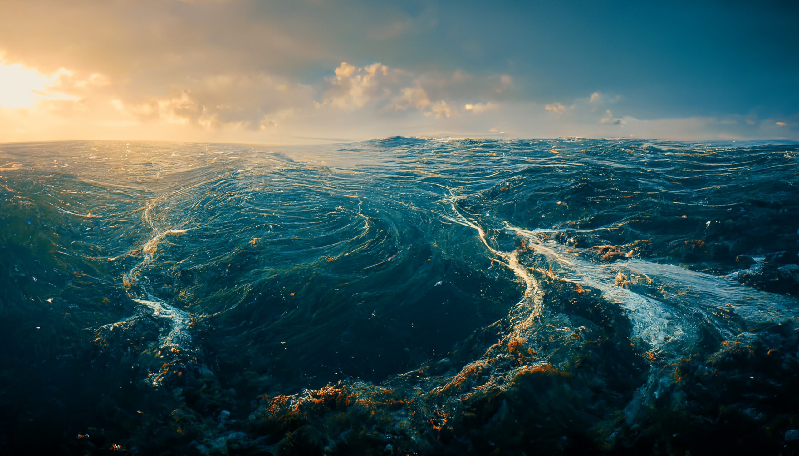 Vista abstracta de un océano en movimiento bajo una luz dorada al atardecer, simbolizando la fuerza y vulnerabilidad de los mares.
