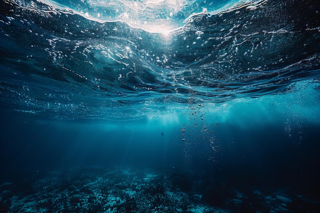 Imagen submarina mostrando la superficie del mar iluminada por el sol y un buzo en la distancia.